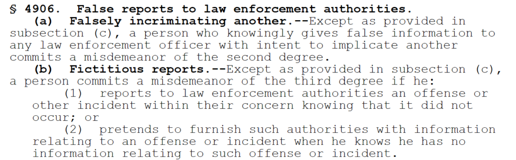 Title 18 Section 4906 of the PA Crimes Code - false reports to law enforcement 