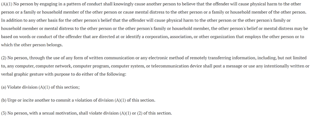 Section 2903.211 of the Ohio Revised Code - menacing by stalking 