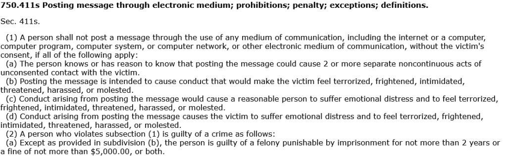 Michigan Penal Code section 750.411s - cyberstalking 
