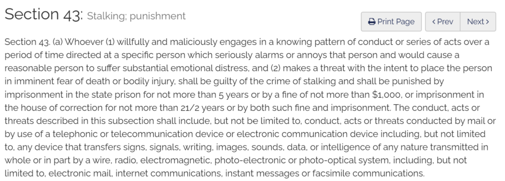 Massachusetts General Laws Chapter 265, Section 43 - stalking 