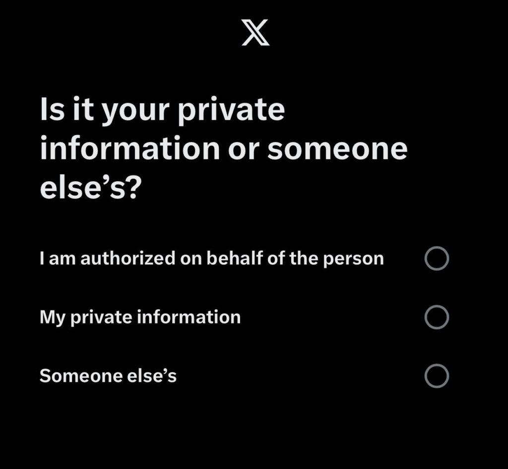 X/Twitter app option menu for choosing whose privacy was violated through the exposure of personal info