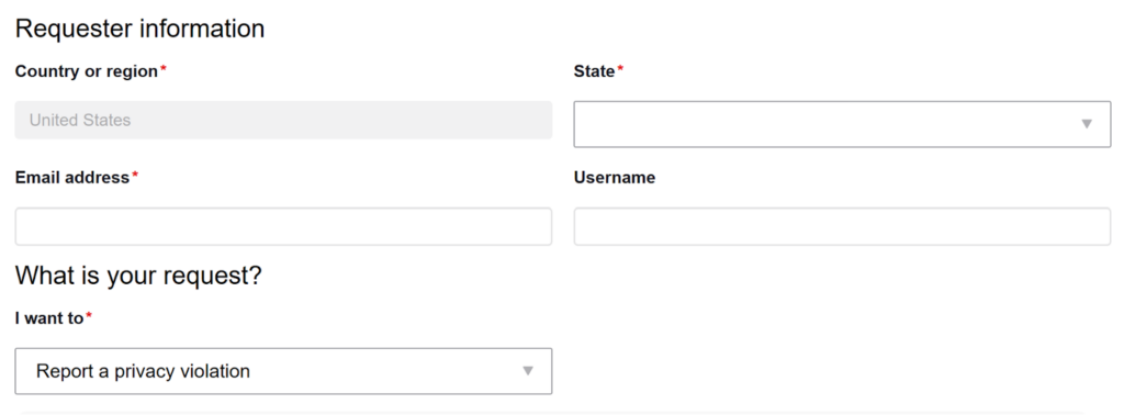 TikTok US privacy web form - requester information