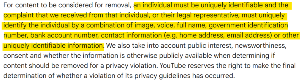 YouTube policy on how YouTube determine if content should be removed for doxxing 
