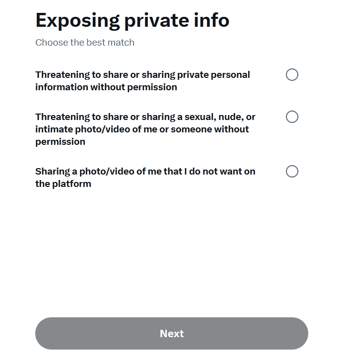X/twitter option desktop menu for how your privacy was violated through the exposure of your private info 