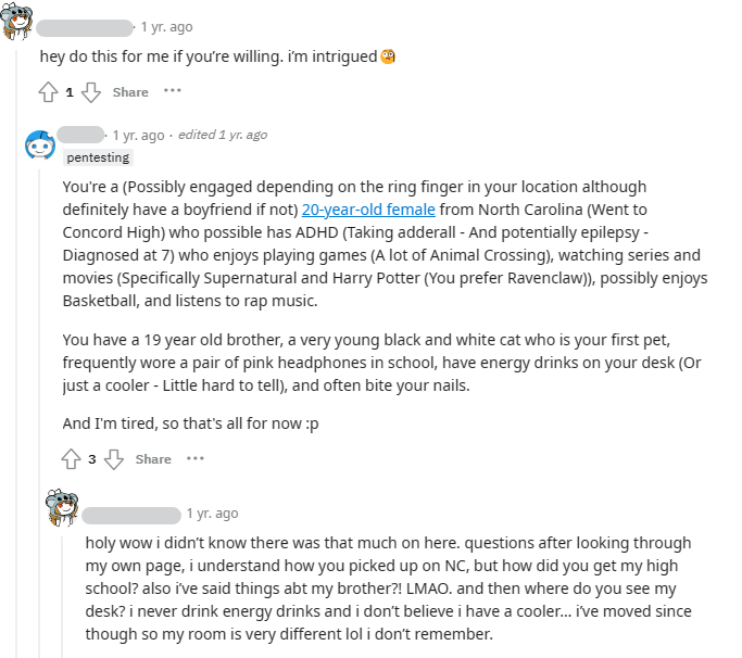 Reddit user doxxing another Redditor based on post history
