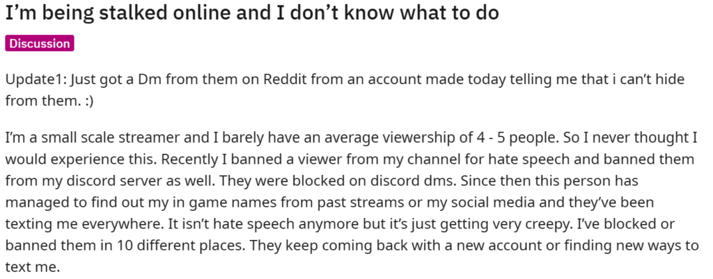 Reddit post about being stalked online and not knowing what to do
