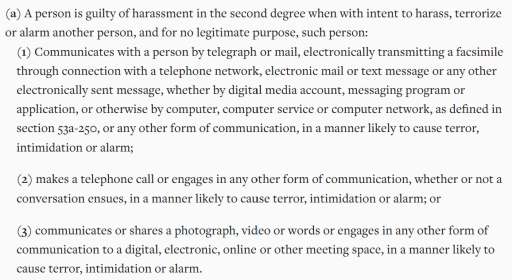 Connecticut harassment law - Conn. Gen. Stat. § 53a-183