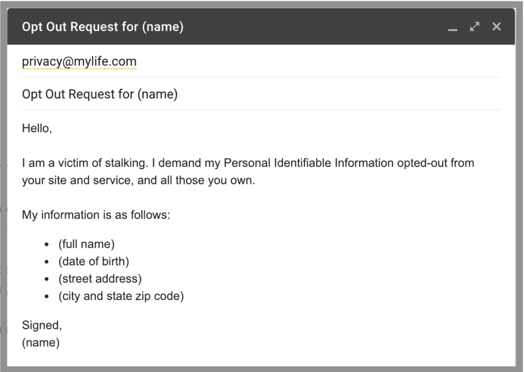 Example email to MyLife regarding opt out request 