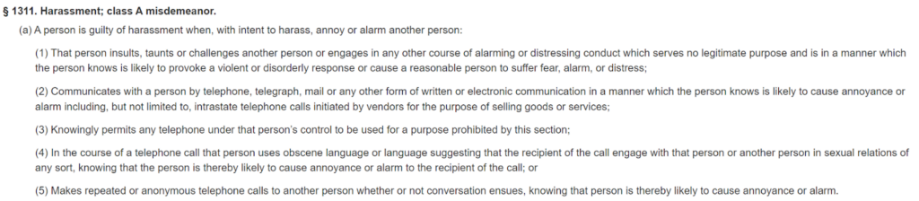 Delaware harassment law - 11 DE Code § 1311