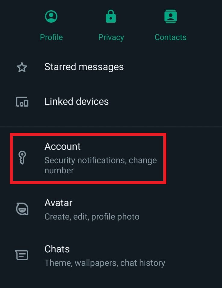 WhatsApp Settings - "Account" 