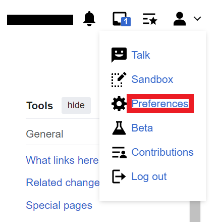 Wikipedia preferences under profile icon