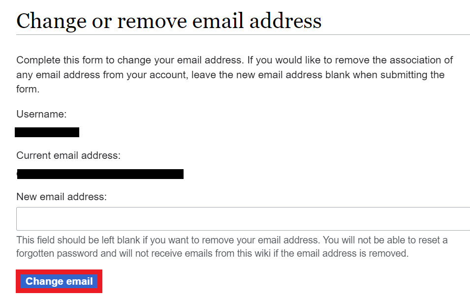 Wikipedia - change or remove email address page 