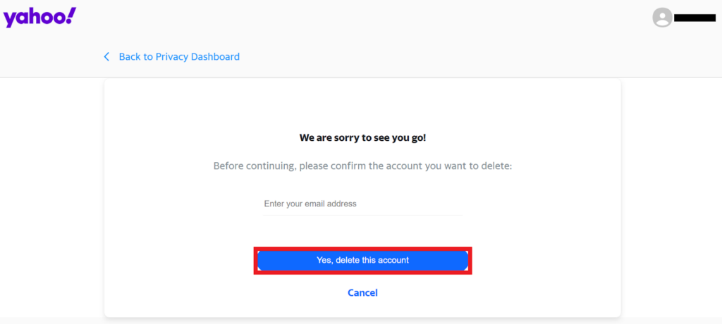 Yahoo - confirm you want to delete your account 