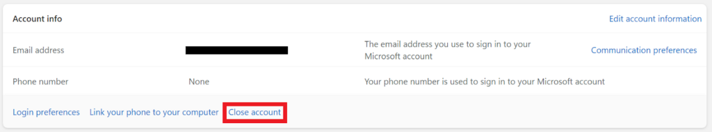 Microsoft account info - "Close account" option
