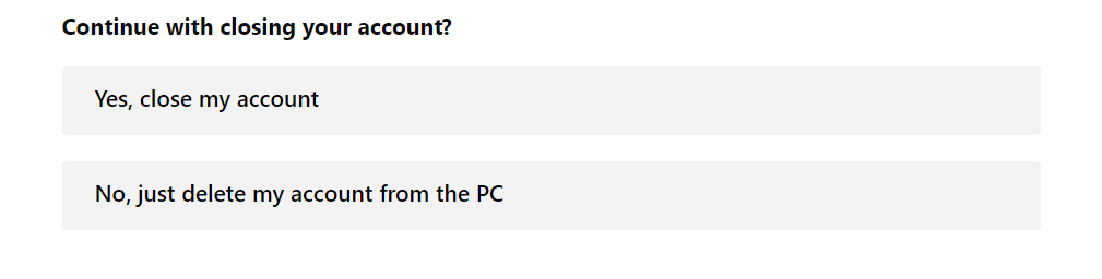 Yes, close my account page - Microsoft