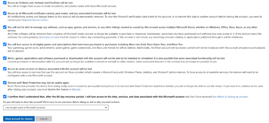 Mark your Microsoft account for closure