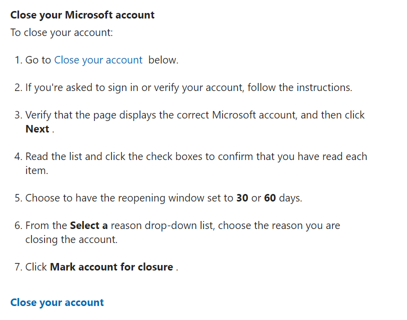 Steps for closing Microsoft account page
