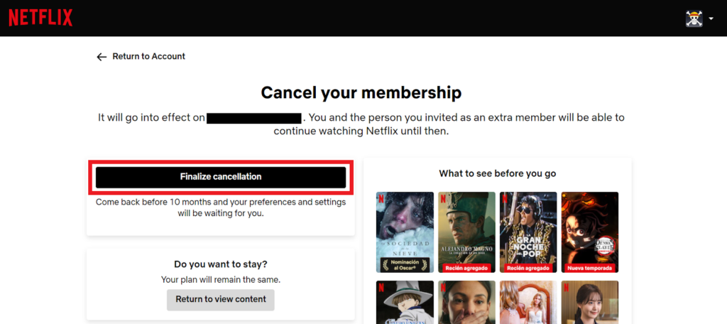 Netflix cancelling your membership - "Finalize cancellation" option