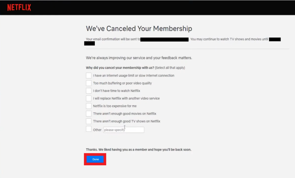 Netflix canceled membership - reason for leaving 