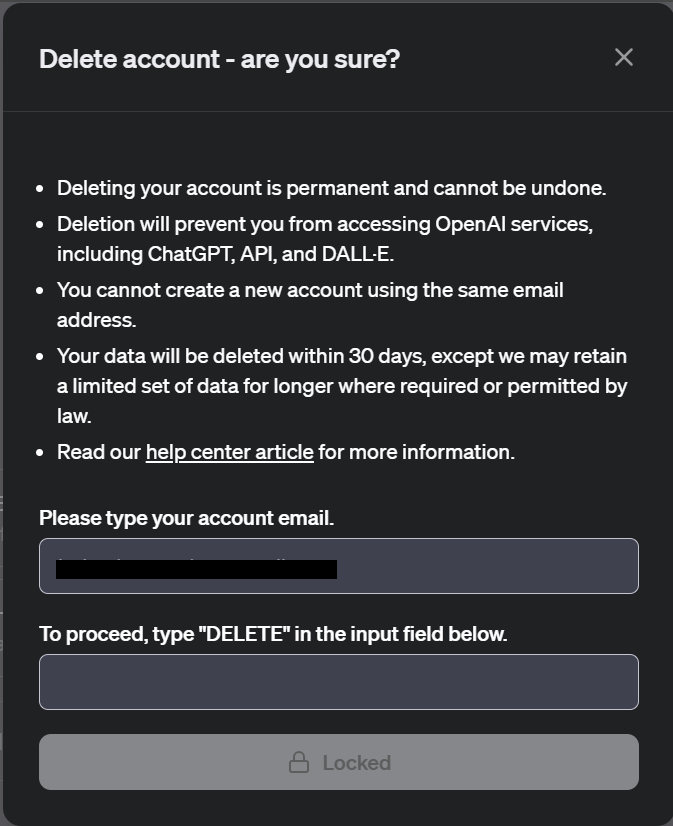 OpenAI - Delete account - are you sure? page 