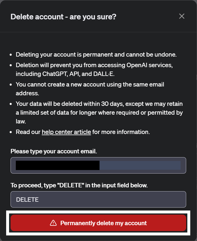 OpenAI - "Permanently delete my account" button 