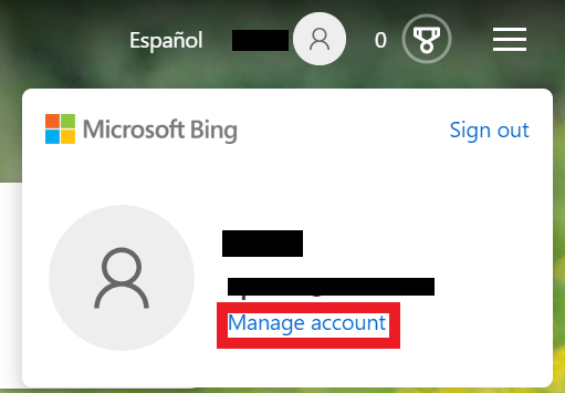 Microsoft Bing - Manage account option 