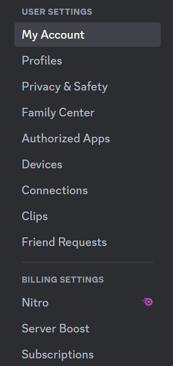 Discord user settings menu