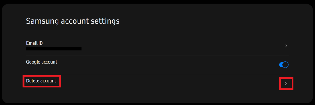 Samsung account settings - "Delete account" button 
