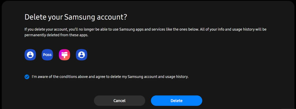 Delete your Samsung account page?