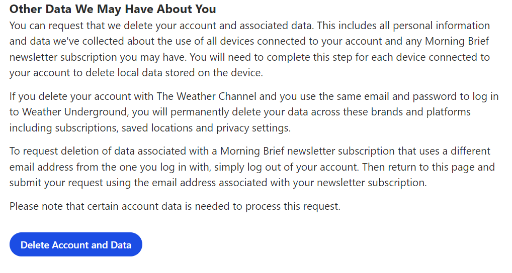 Weather - Other data we may have about you and "Delete account and data" button