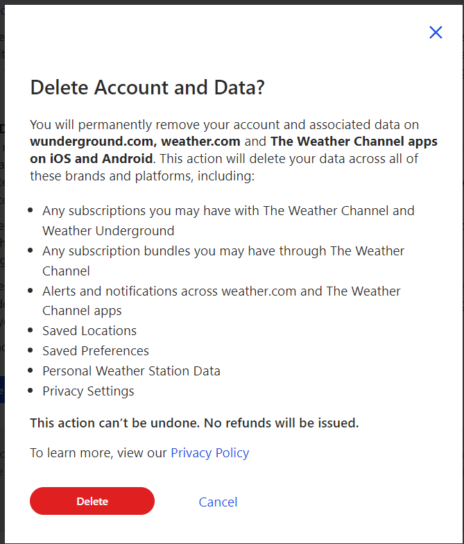 Weather - Delete account and data? page 