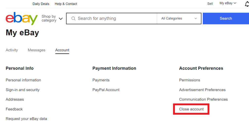 eBay - Account - "Close account" option