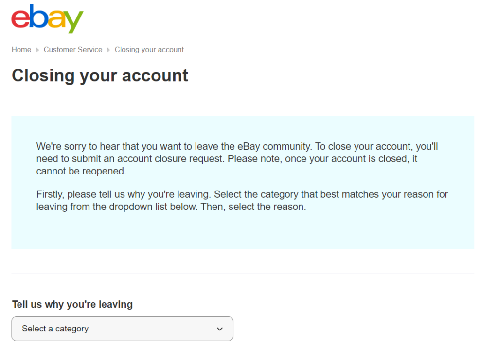 eBay closing your account page