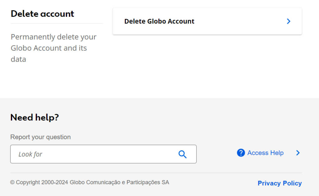 Globo - Delete account page