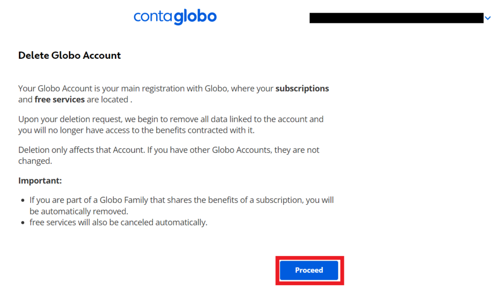 Gobo - Delete Globo account page with "proceed" button
