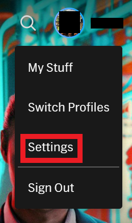 HBO Max profile icon menu - "Settings" option 