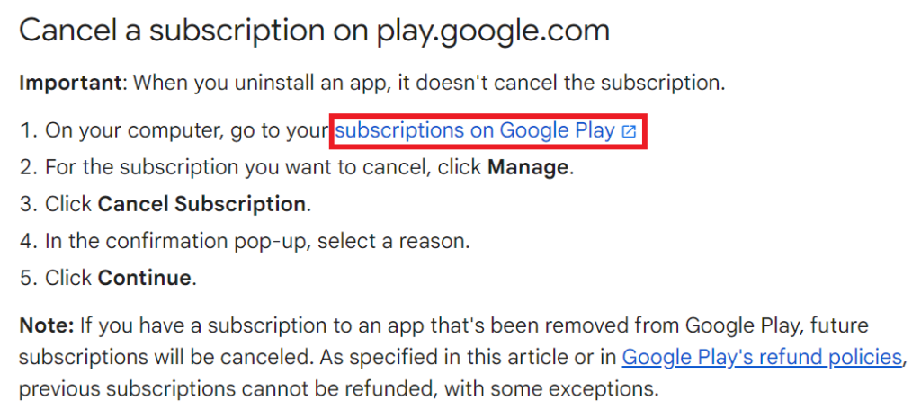 Cancel a subscription on play.google.com page 