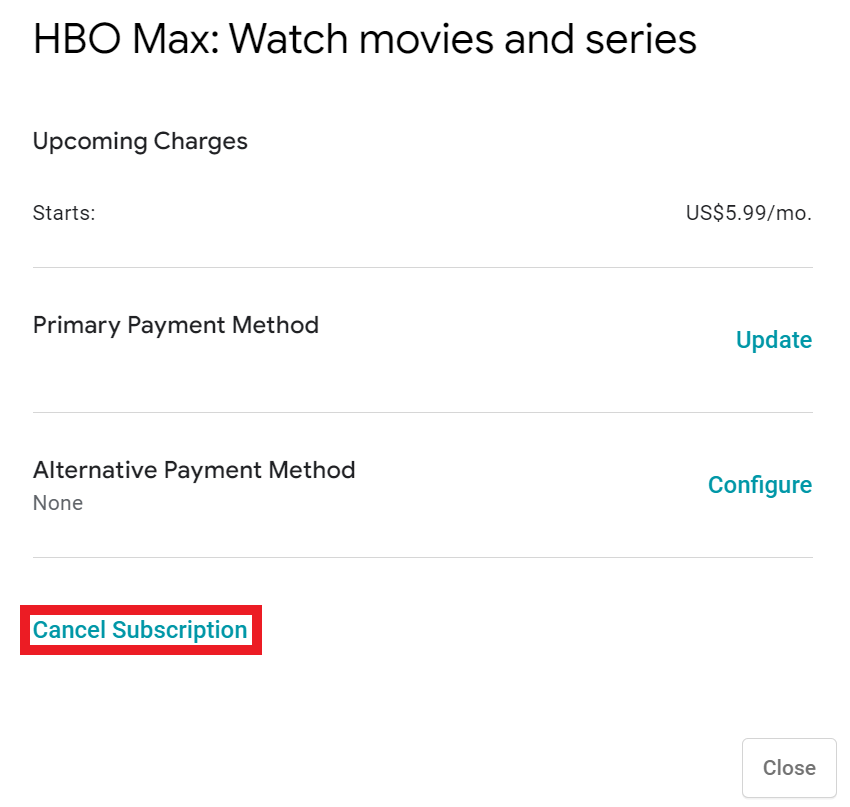 Cancel HBO Max subscription page