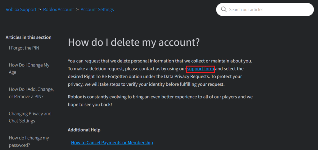 Roblox Account Settings - How do I delete my account support form link 