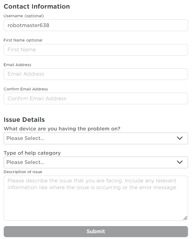 Roblox delete account support form