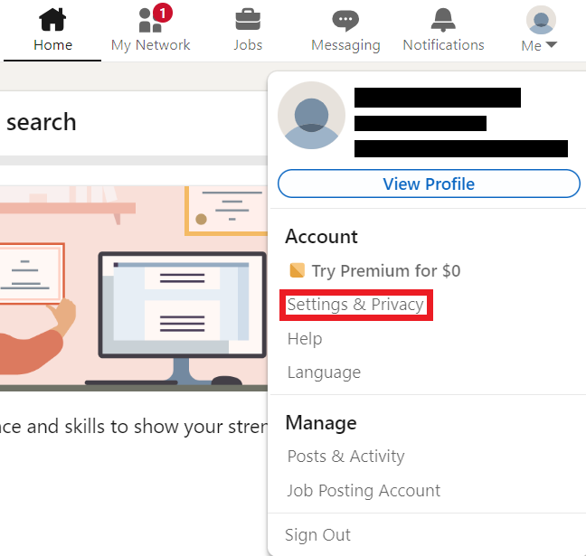 LinkedIn profile icon menu - "Settings & privacy" option