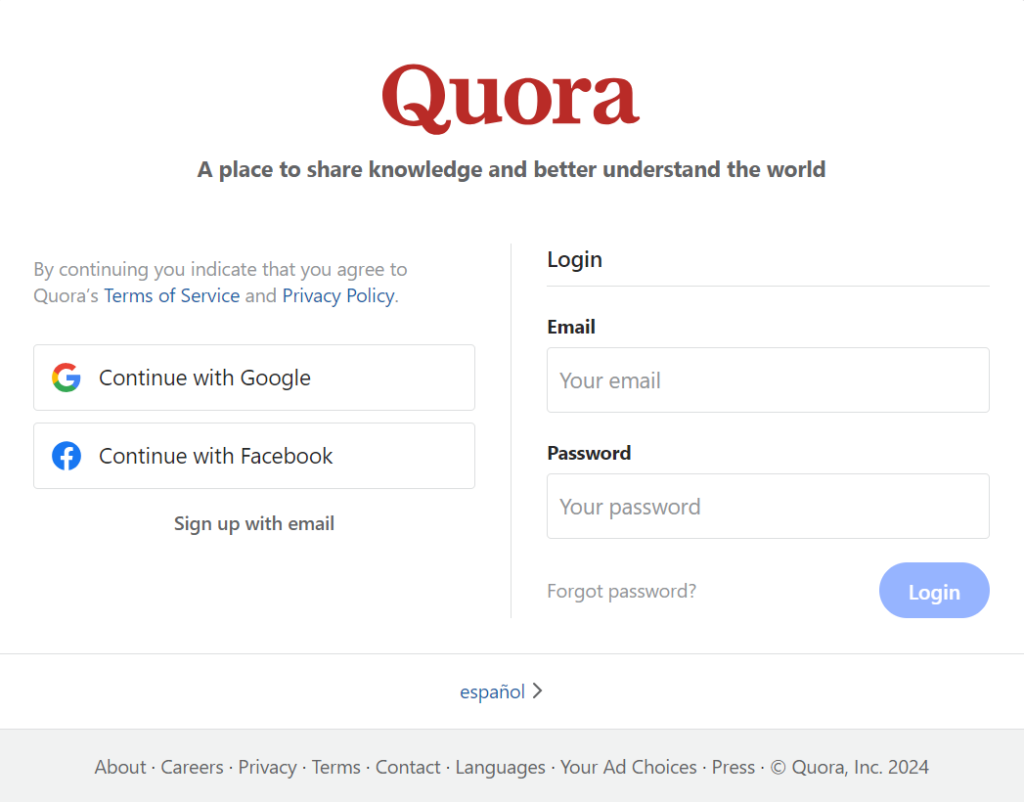 Quora login page 