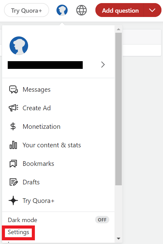 Quora profile icon menu - "Settings" option
