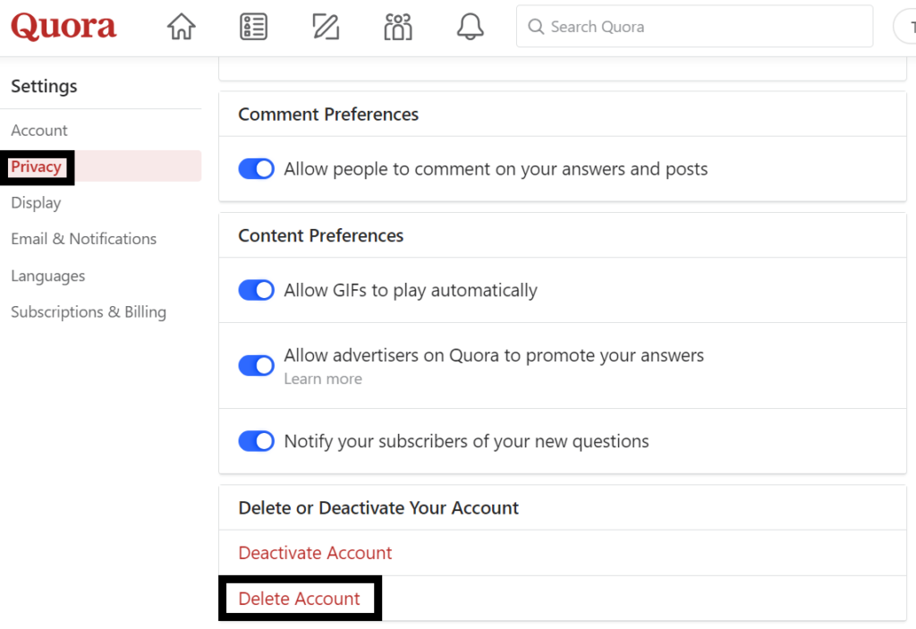 Quora side menu - "Privacy" option and "Delete account" button 