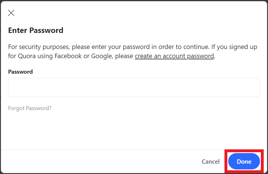 Quora - enter password page 