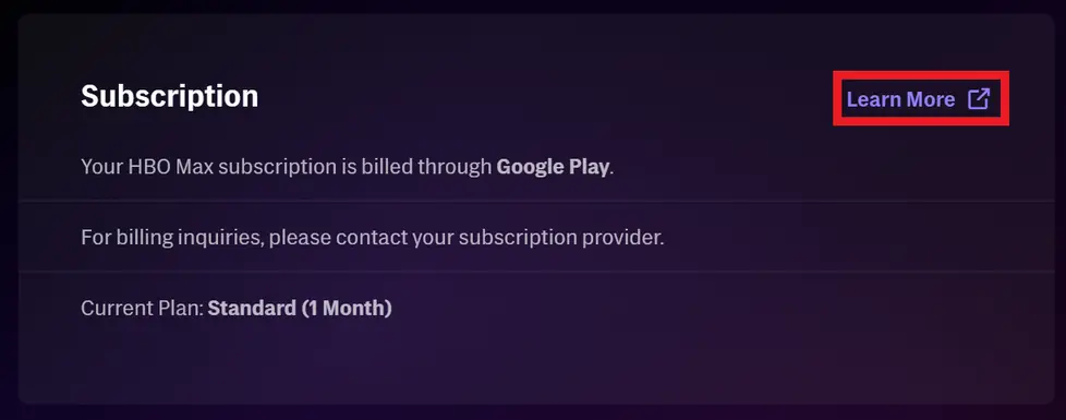 HBO Max - Subscription page and "Learn more" button 