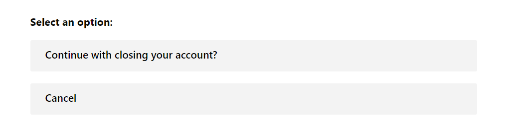 Office365 - "Continue with closing your account?" button