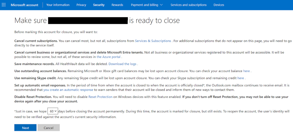 Make sure your Microsoft account is ready to close screen