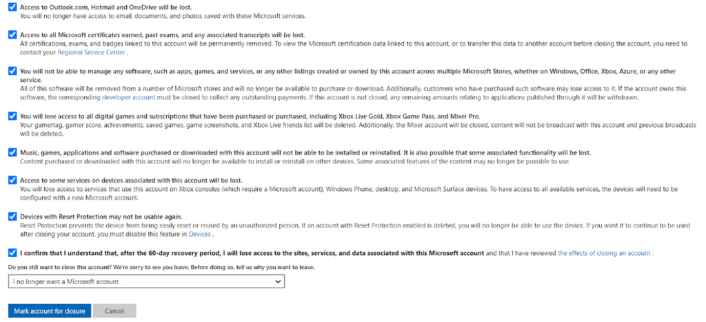Mark Microsoft account for closure 