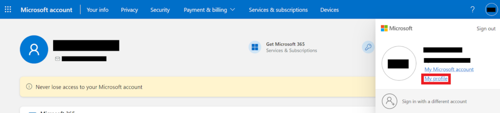 Microsoft account - My profile link